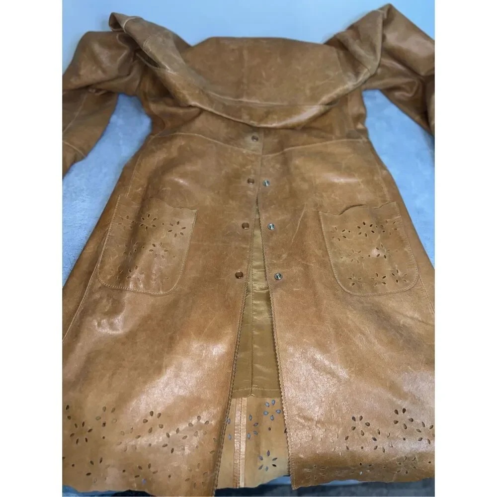 Wilsons Leather Duster Caramel Tan Trench Eyelet 70s Pearl Snaps Coat - Picture 12 of 12